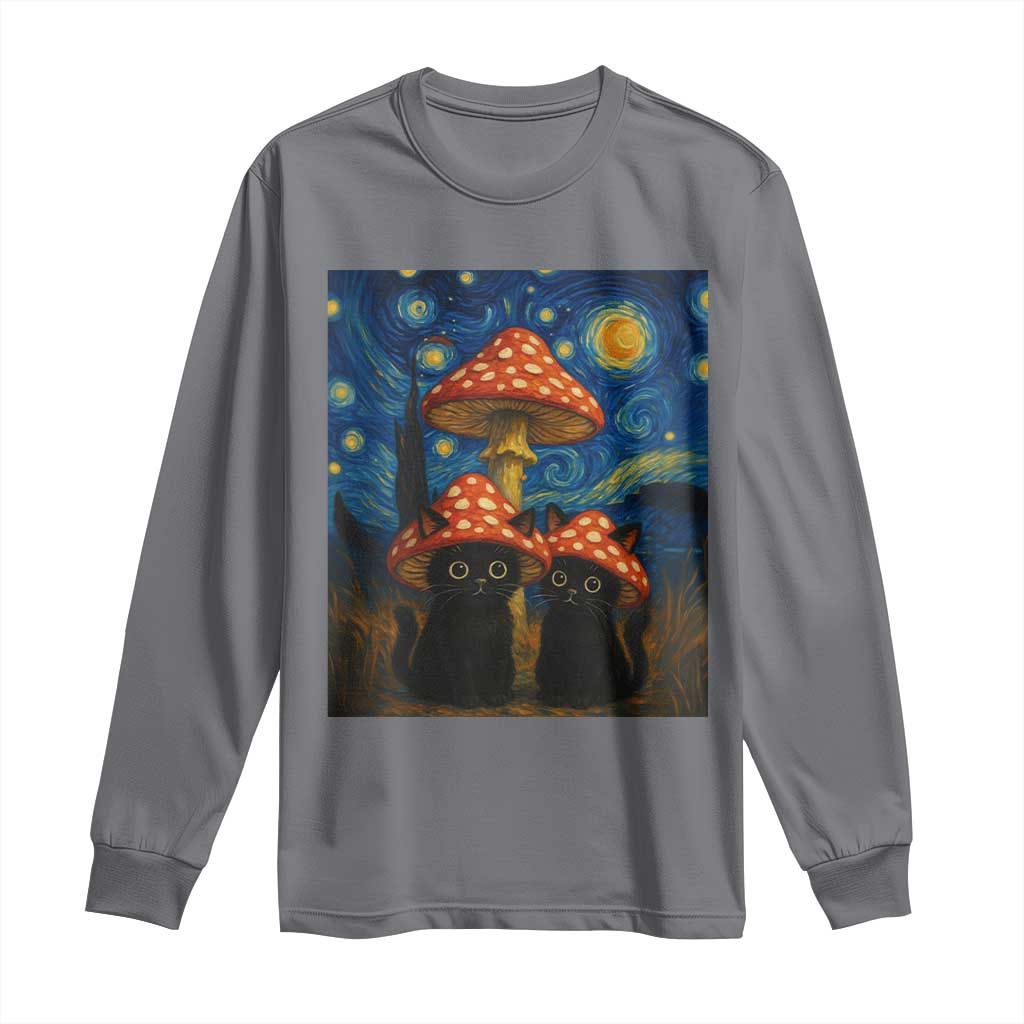 Cute Black Cat Mushroom Long Sleeve Shirt Stary Night Vangogh Amanita Muscaria - Wonder Print Shop