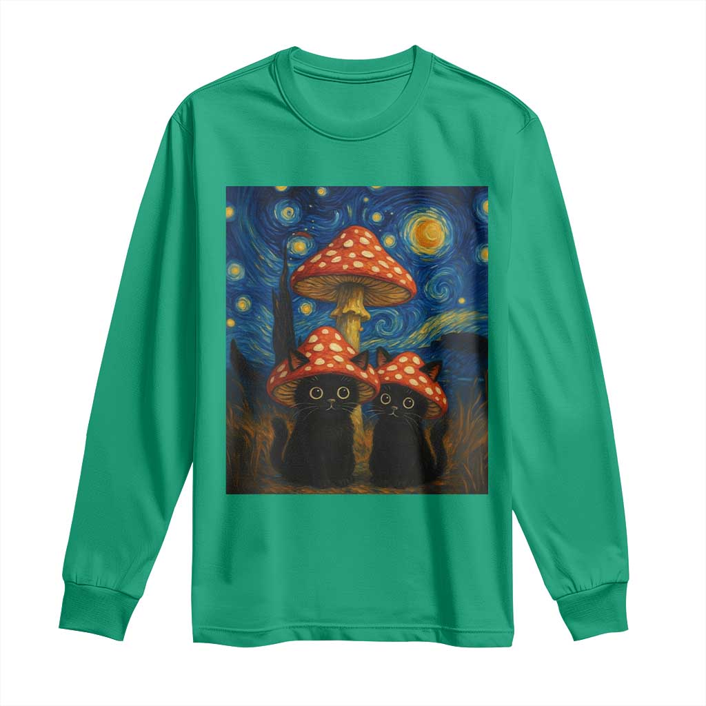 Cute Black Cat Mushroom Long Sleeve Shirt Stary Night Vangogh Amanita Muscaria - Wonder Print Shop