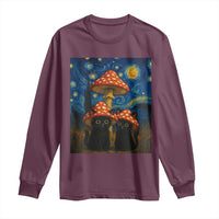 Cute Black Cat Mushroom Long Sleeve Shirt Stary Night Vangogh Amanita Muscaria - Wonder Print Shop