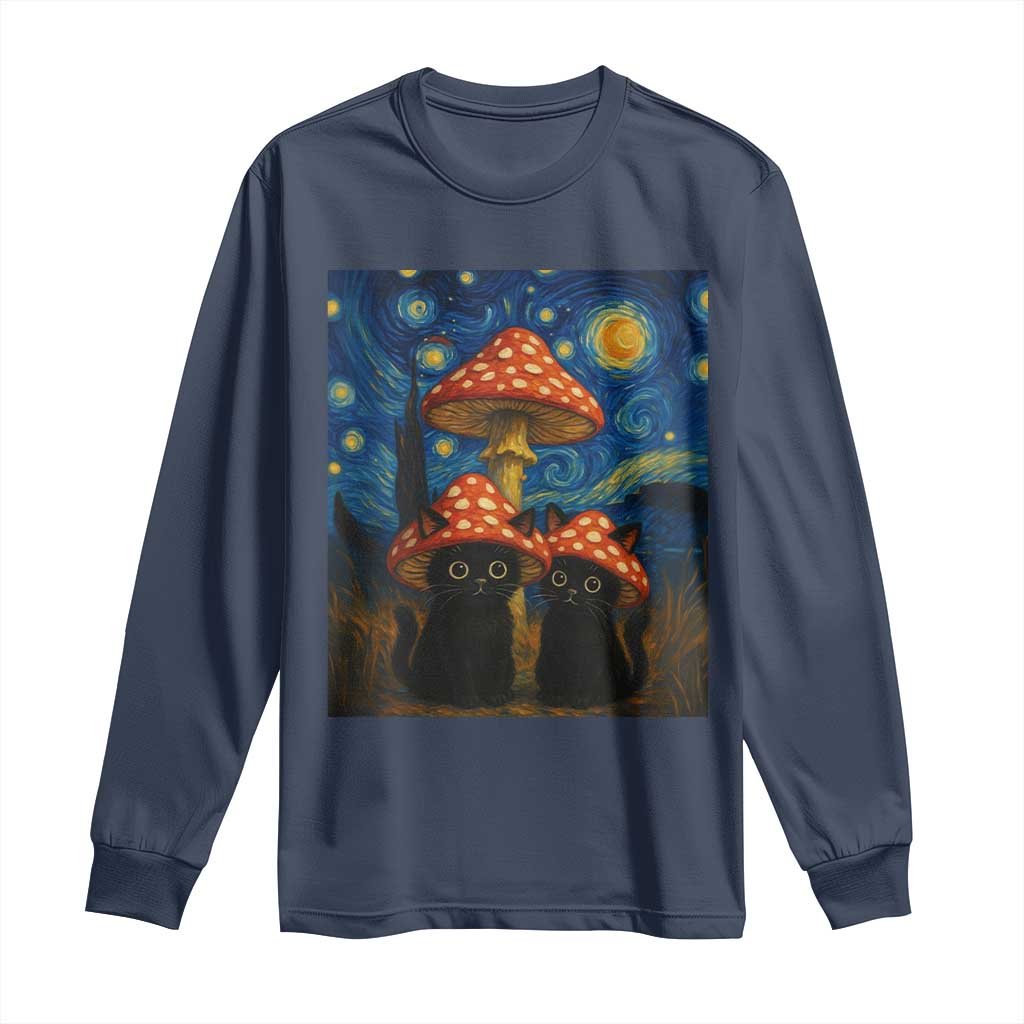 Cute Black Cat Mushroom Long Sleeve Shirt Stary Night Vangogh Amanita Muscaria - Wonder Print Shop