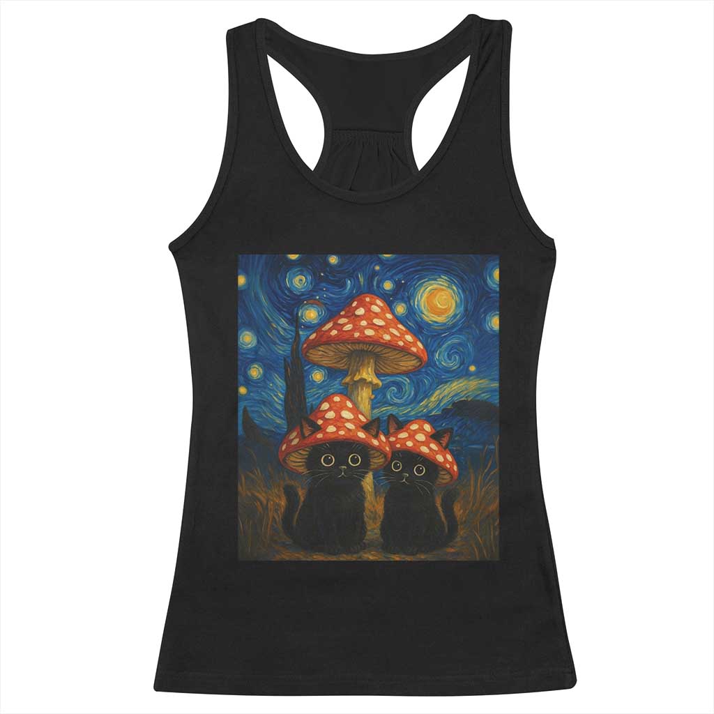Cute Black Cat Mushroom Racerback Tank Top Stary Night Vangogh Amanita Muscaria - Wonder Print Shop