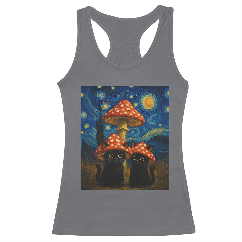 Cute Black Cat Mushroom Racerback Tank Top Stary Night Vangogh Amanita Muscaria - Wonder Print Shop