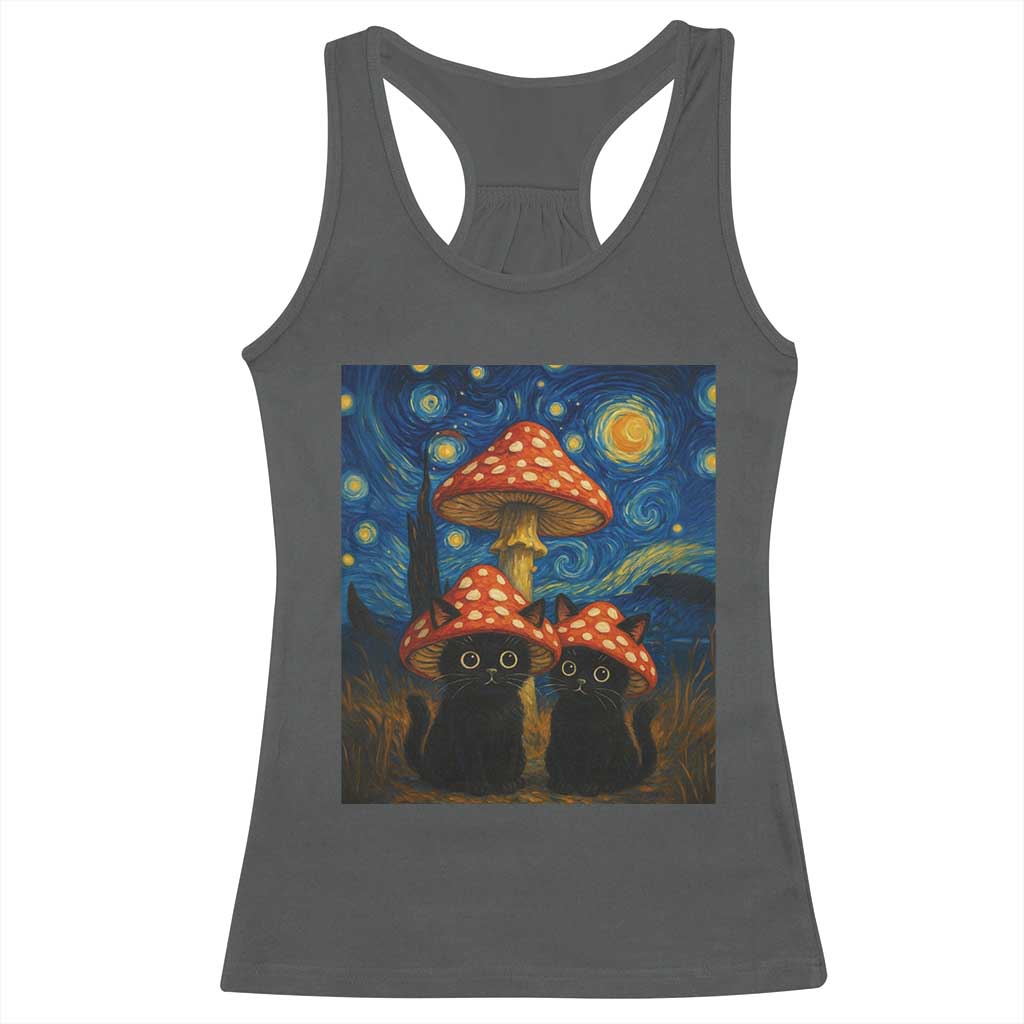 Cute Black Cat Mushroom Racerback Tank Top Stary Night Vangogh Amanita Muscaria - Wonder Print Shop