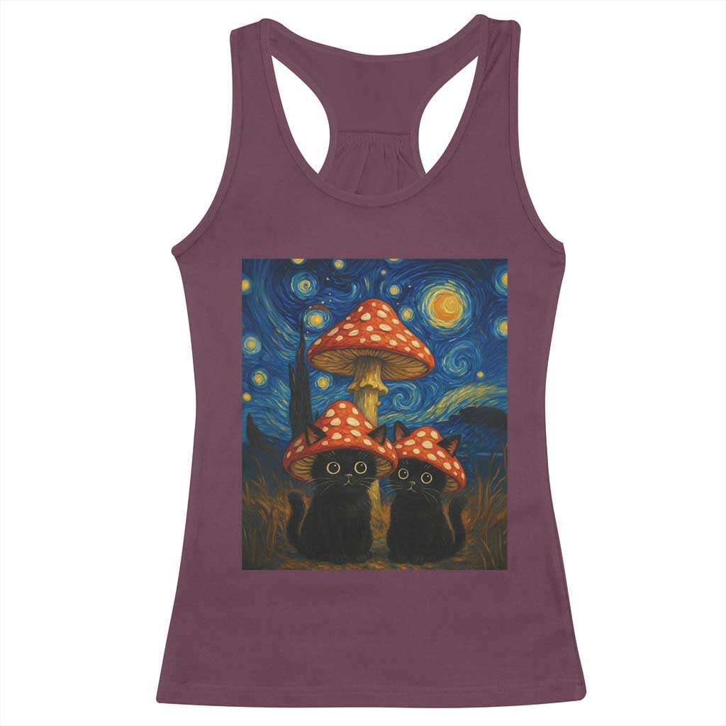 Cute Black Cat Mushroom Racerback Tank Top Stary Night Vangogh Amanita Muscaria - Wonder Print Shop