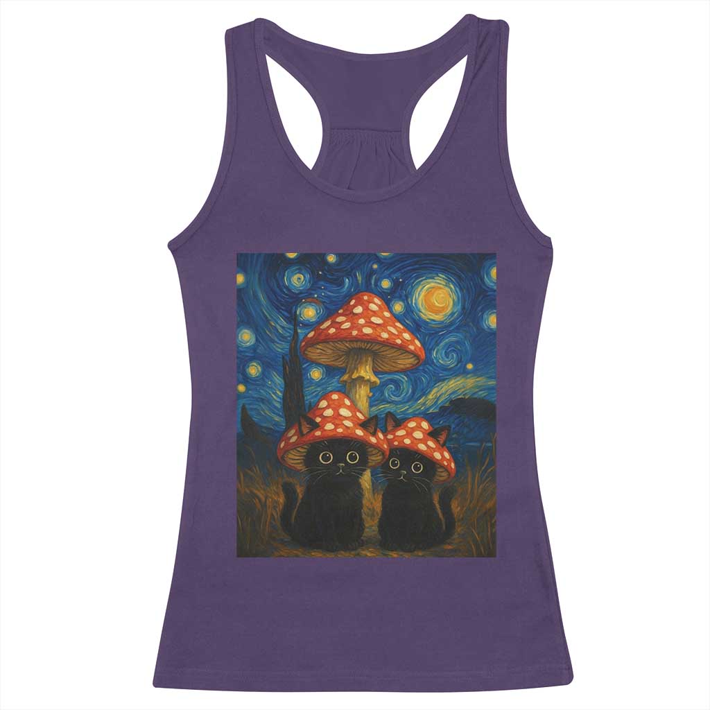 Cute Black Cat Mushroom Racerback Tank Top Stary Night Vangogh Amanita Muscaria - Wonder Print Shop