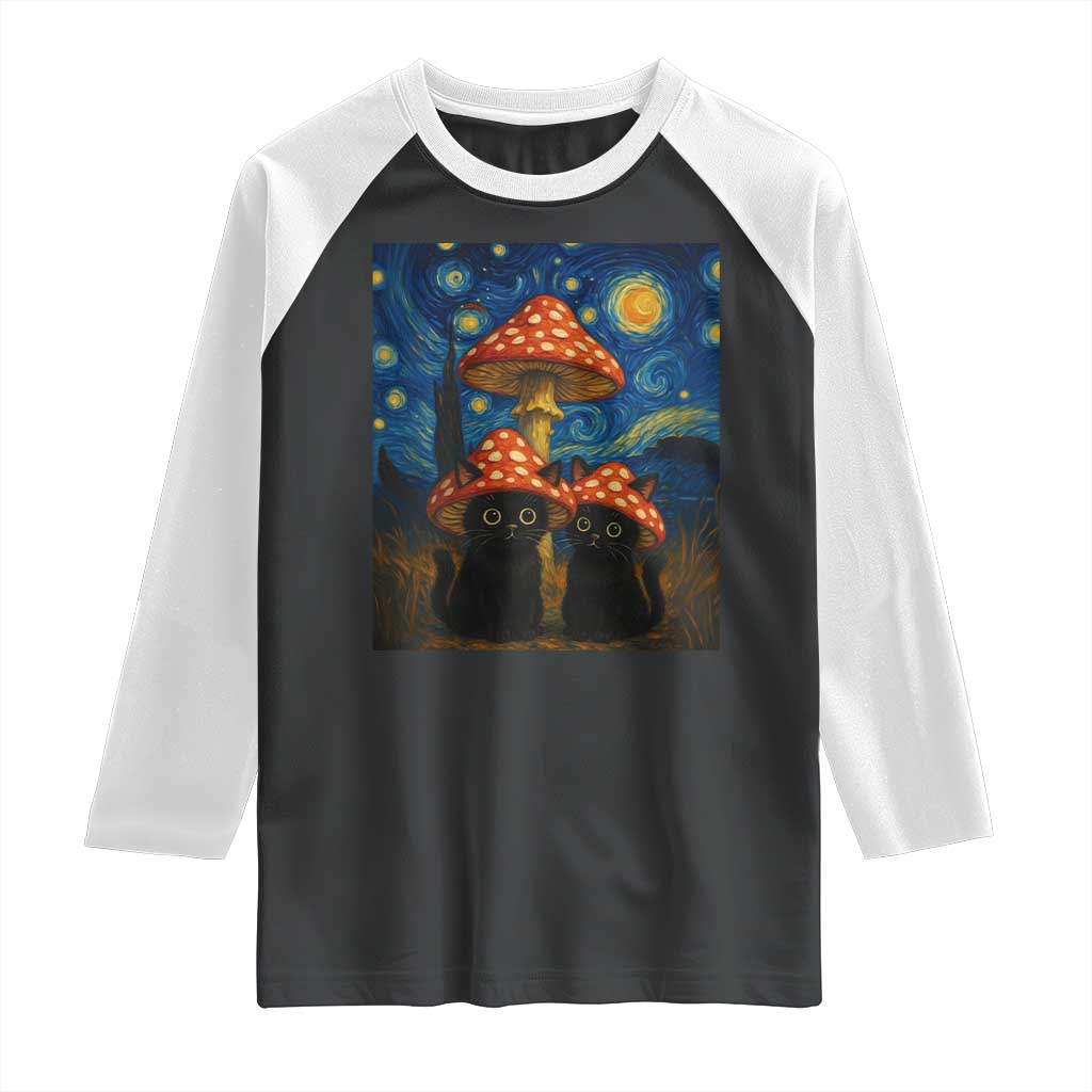 Cute Black Cat Mushroom Raglan Shirt Stary Night Vangogh Amanita Muscaria - Wonder Print Shop