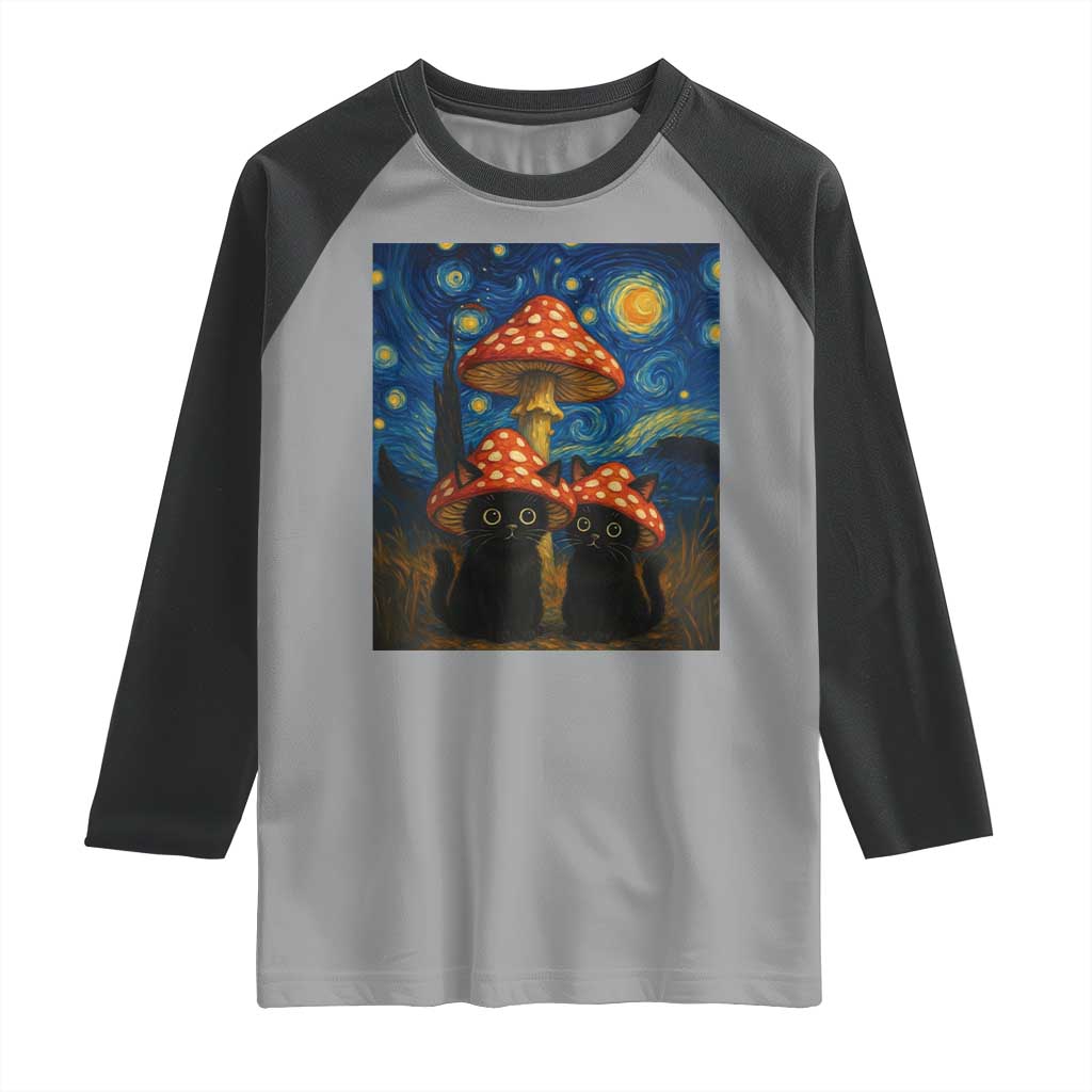 Cute Black Cat Mushroom Raglan Shirt Stary Night Vangogh Amanita Muscaria - Wonder Print Shop