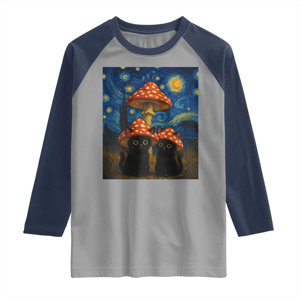 Cute Black Cat Mushroom Raglan Shirt Stary Night Vangogh Amanita Muscaria - Wonder Print Shop