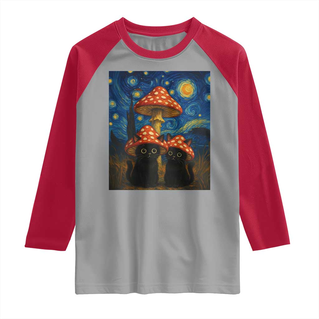 Cute Black Cat Mushroom Raglan Shirt Stary Night Vangogh Amanita Muscaria - Wonder Print Shop