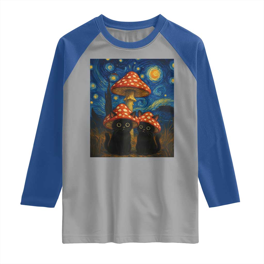 Cute Black Cat Mushroom Raglan Shirt Stary Night Vangogh Amanita Muscaria - Wonder Print Shop