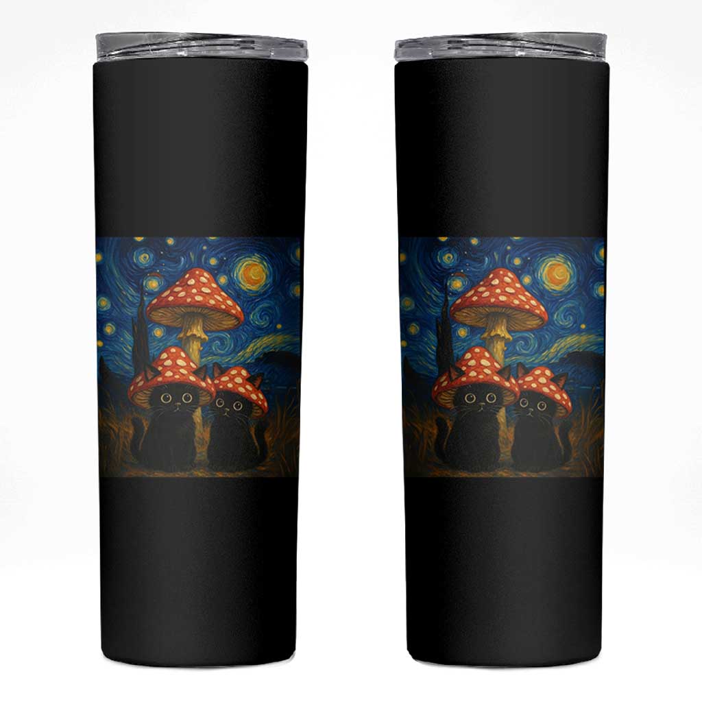 Cute Black Cat Mushroom Skinny Tumbler Stary Night Vangogh Amanita Muscaria