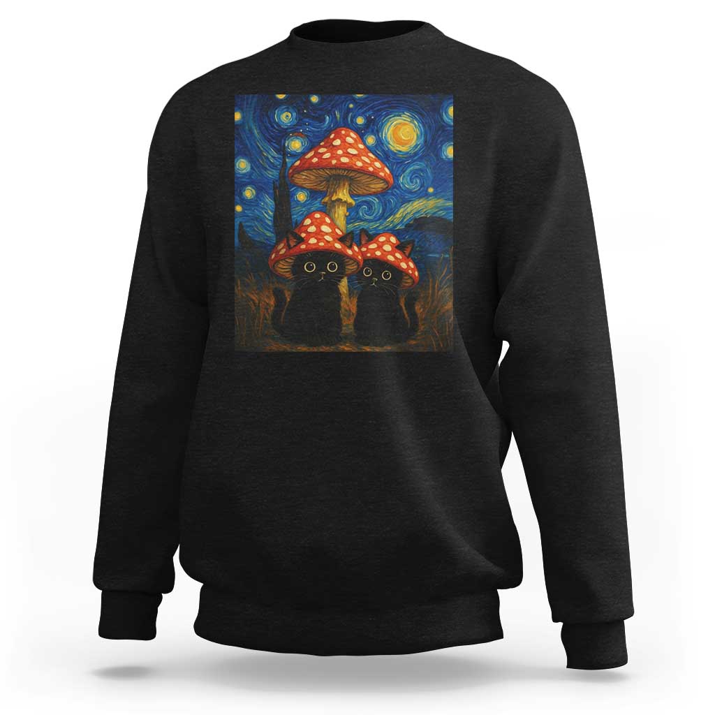 Cute Black Cat Mushroom Sweatshirt Stary Night Vangogh Amanita Muscaria - Wonder Print Shop
