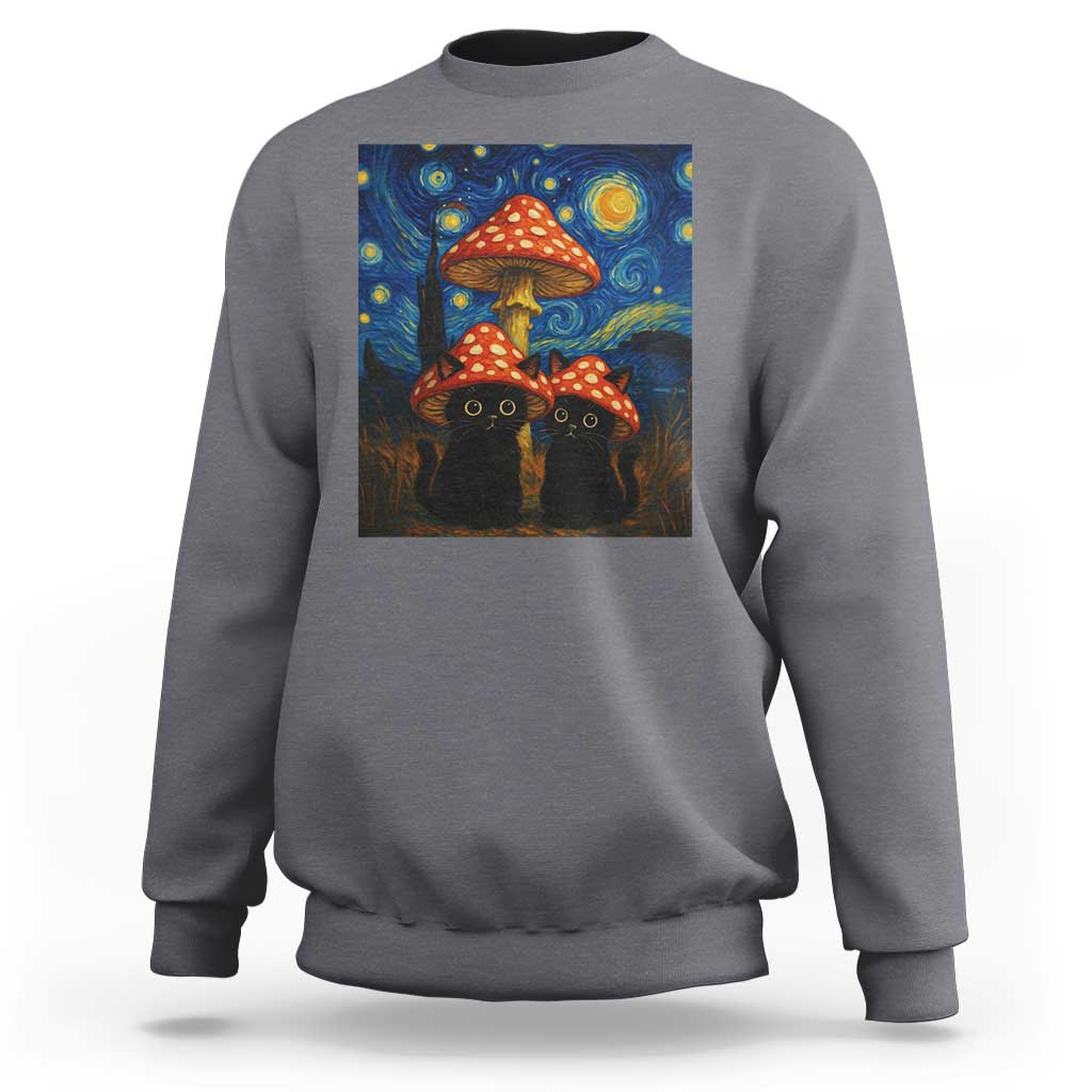 Cute Black Cat Mushroom Sweatshirt Stary Night Vangogh Amanita Muscaria - Wonder Print Shop
