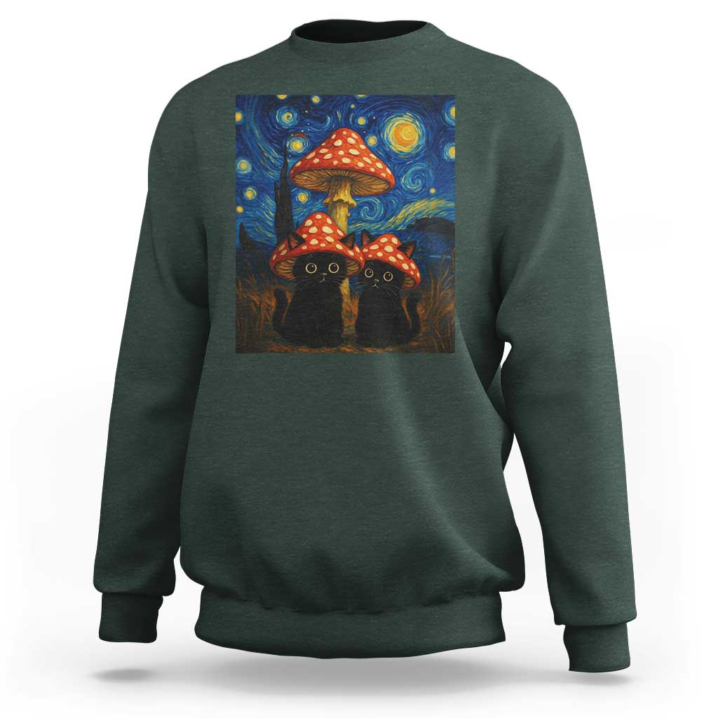 Cute Black Cat Mushroom Sweatshirt Stary Night Vangogh Amanita Muscaria - Wonder Print Shop