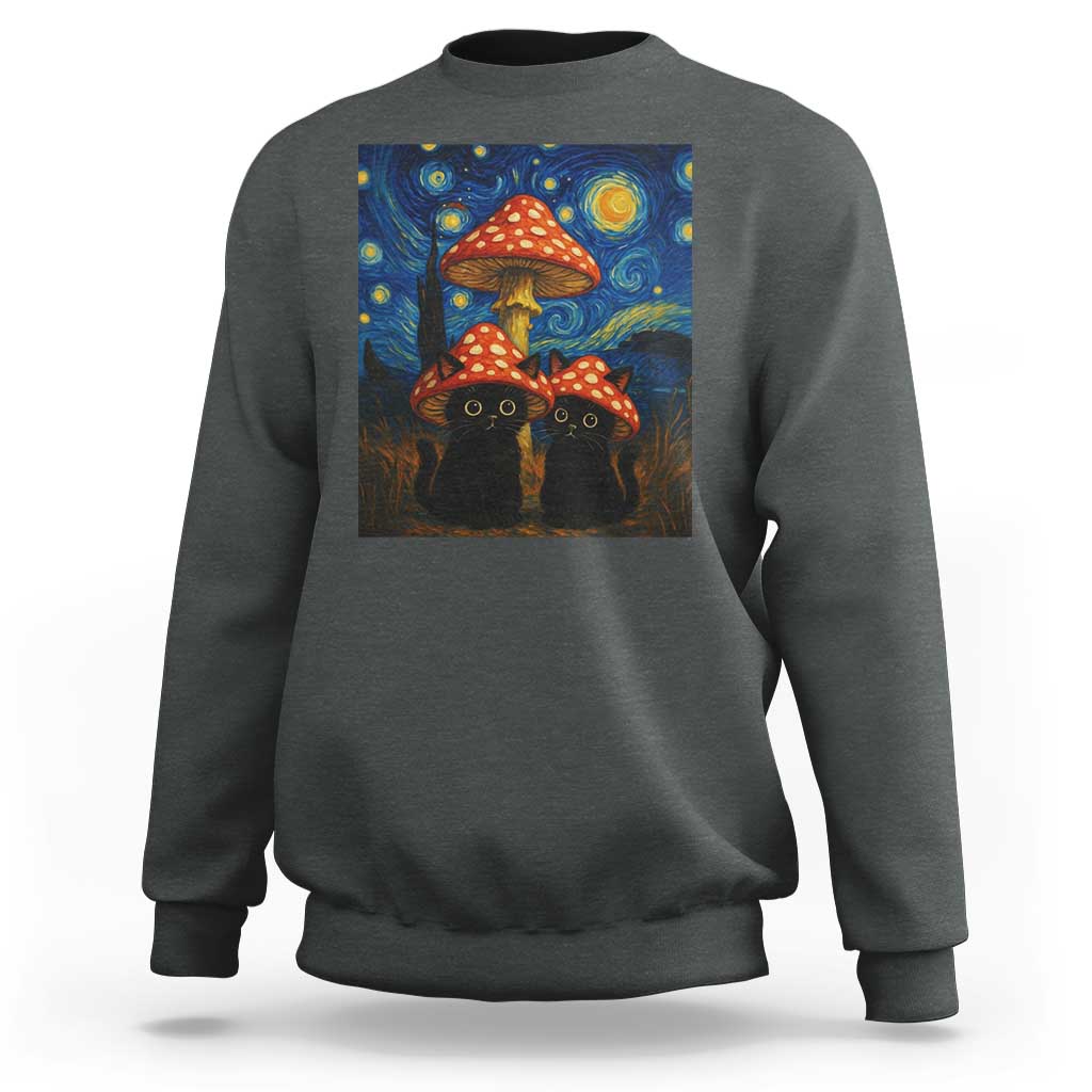 Cute Black Cat Mushroom Sweatshirt Stary Night Vangogh Amanita Muscaria - Wonder Print Shop