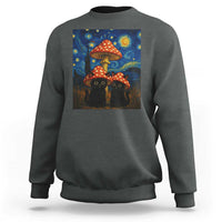 Cute Black Cat Mushroom Sweatshirt Stary Night Vangogh Amanita Muscaria - Wonder Print Shop