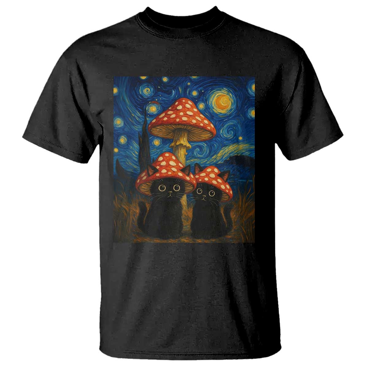 Cute Black Cat Mushroom T Shirt Stary Night Vangogh Amanita Muscaria - Wonder Print Shop