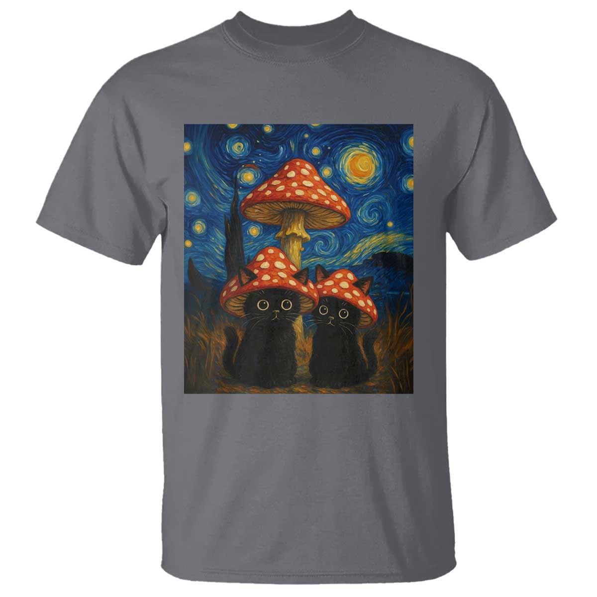 Cute Black Cat Mushroom T Shirt Stary Night Vangogh Amanita Muscaria - Wonder Print Shop