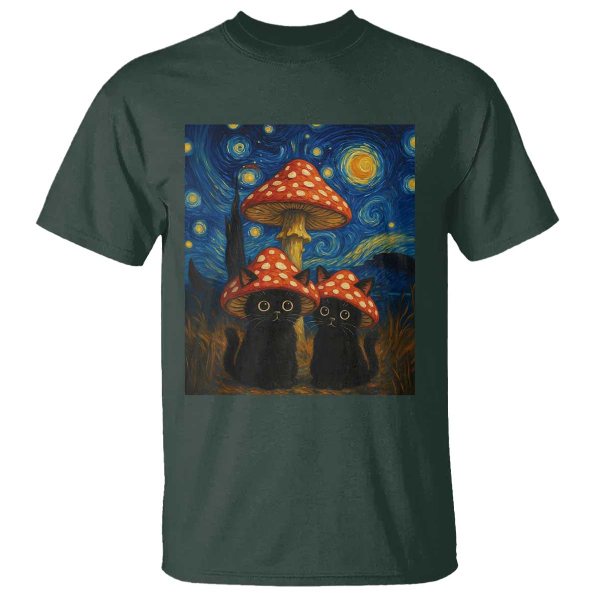 Cute Black Cat Mushroom T Shirt Stary Night Vangogh Amanita Muscaria - Wonder Print Shop