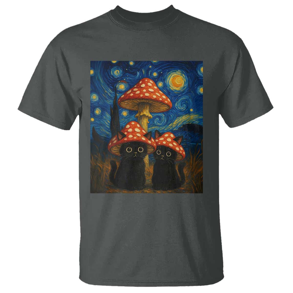 Cute Black Cat Mushroom T Shirt Stary Night Vangogh Amanita Muscaria - Wonder Print Shop