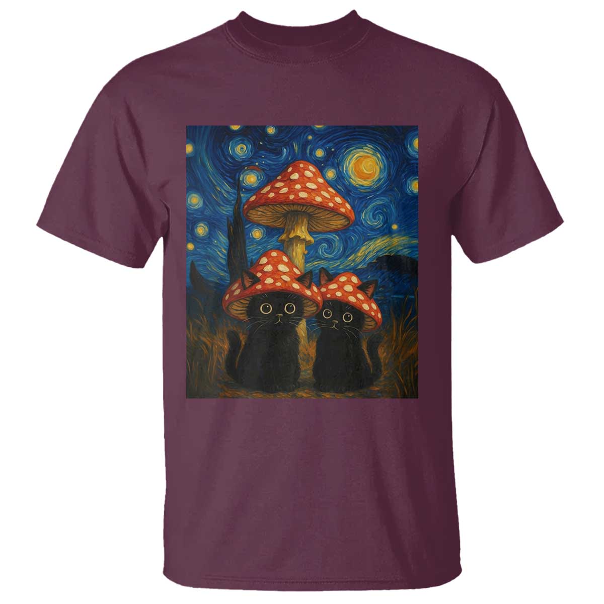 Cute Black Cat Mushroom T Shirt Stary Night Vangogh Amanita Muscaria - Wonder Print Shop