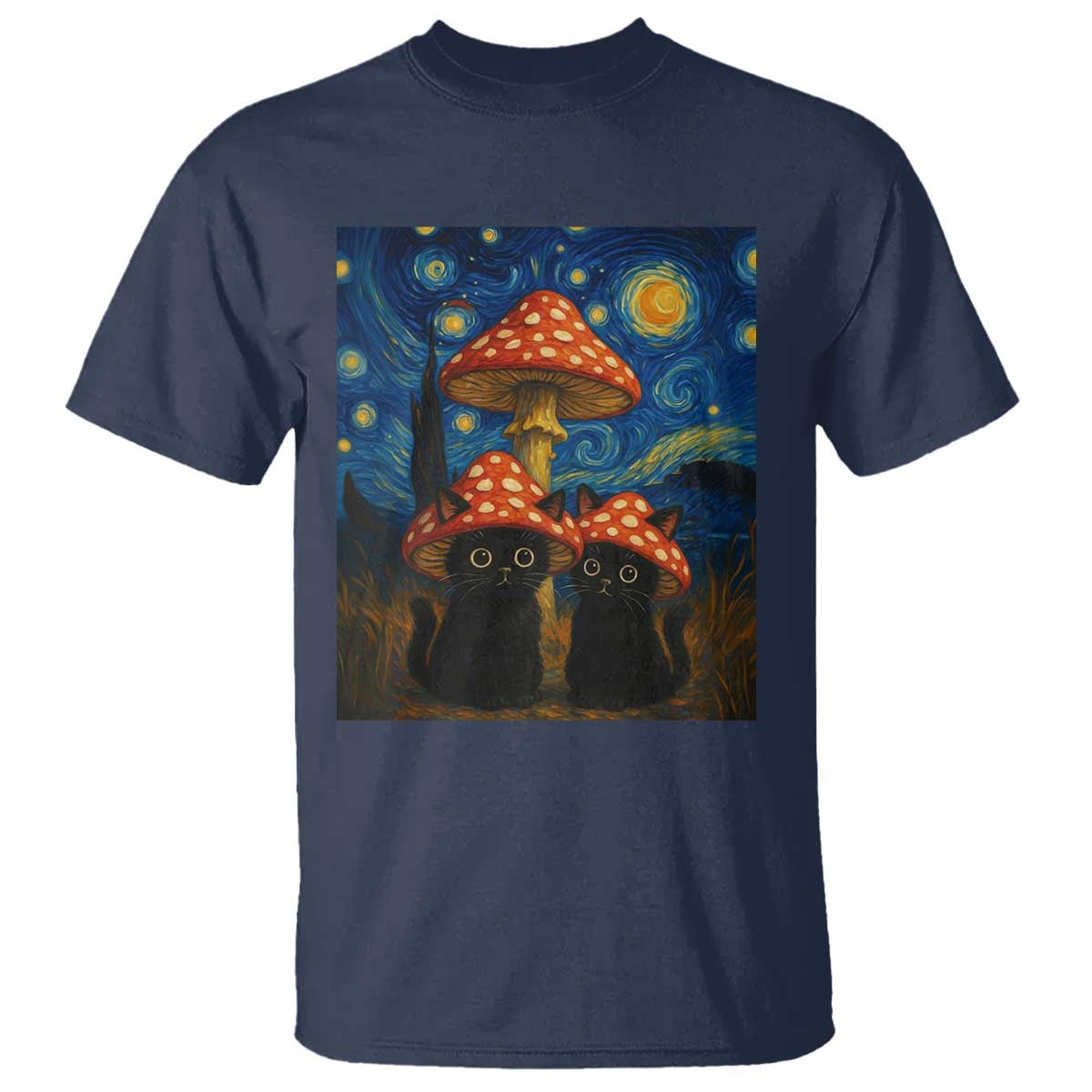 Cute Black Cat Mushroom T Shirt Stary Night Vangogh Amanita Muscaria - Wonder Print Shop