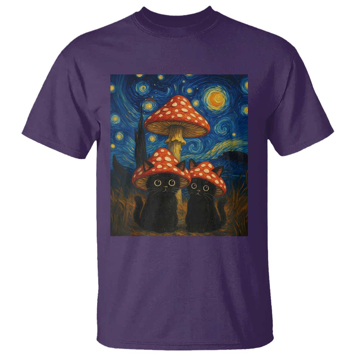 Cute Black Cat Mushroom T Shirt Stary Night Vangogh Amanita Muscaria - Wonder Print Shop