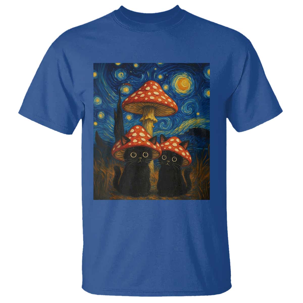 Cute Black Cat Mushroom T Shirt Stary Night Vangogh Amanita Muscaria - Wonder Print Shop