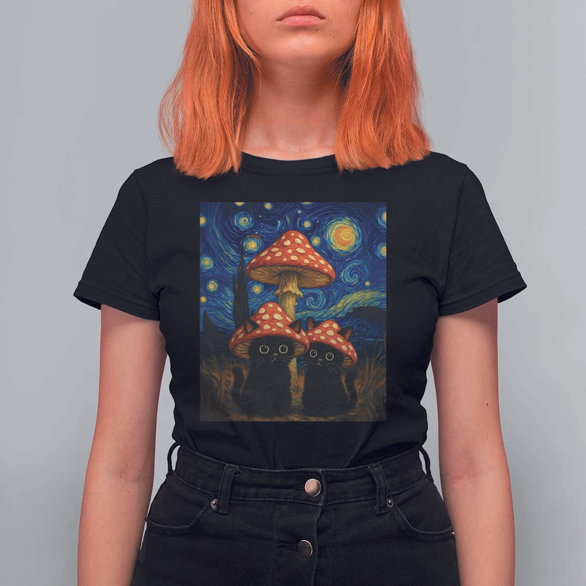 Cute Black Cat Mushroom T Shirt For Women Stary Night Vangogh Amanita Muscaria - Wonder Print Shop