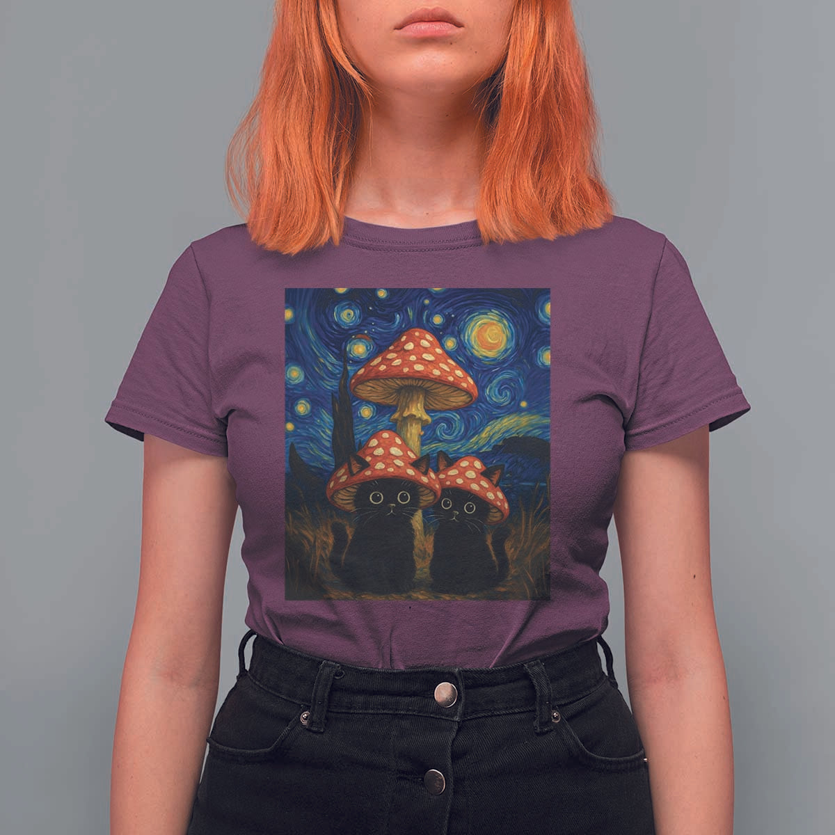 Cute Black Cat Mushroom T Shirt For Women Stary Night Vangogh Amanita Muscaria - Wonder Print Shop