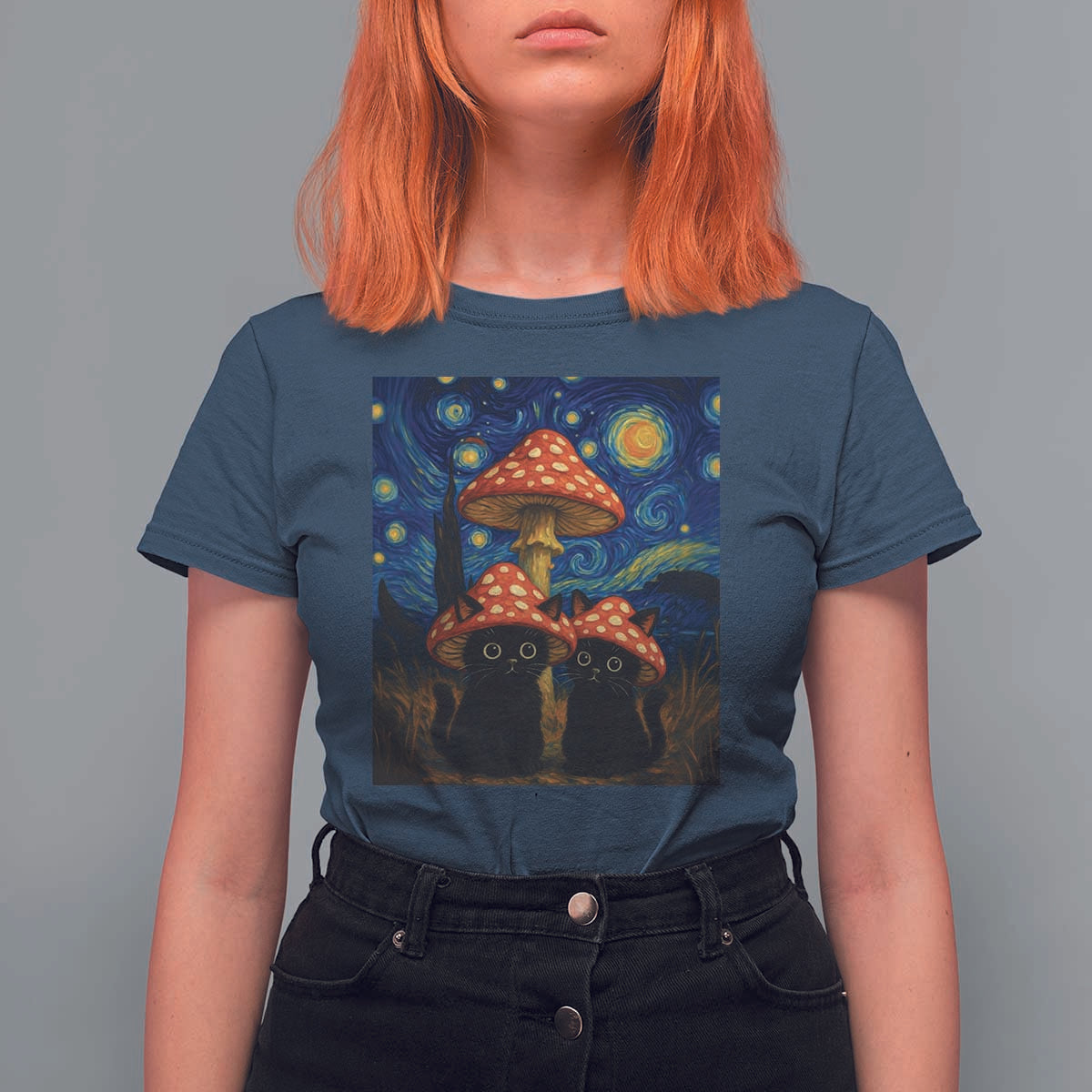 Cute Black Cat Mushroom T Shirt For Women Stary Night Vangogh Amanita Muscaria - Wonder Print Shop