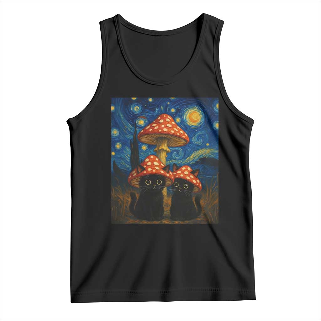 Cute Black Cat Mushroom Tank Top Stary Night Vangogh Amanita Muscaria - Wonder Print Shop