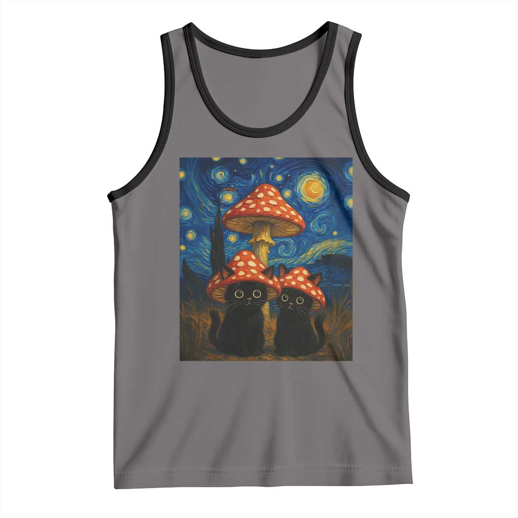 Cute Black Cat Mushroom Tank Top Stary Night Vangogh Amanita Muscaria - Wonder Print Shop
