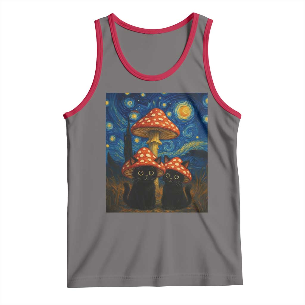 Cute Black Cat Mushroom Tank Top Stary Night Vangogh Amanita Muscaria - Wonder Print Shop