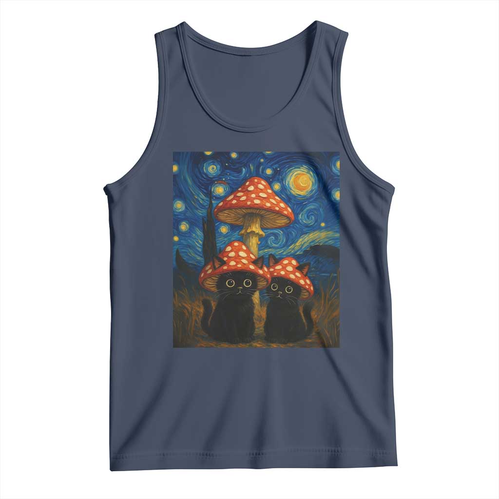 Cute Black Cat Mushroom Tank Top Stary Night Vangogh Amanita Muscaria - Wonder Print Shop