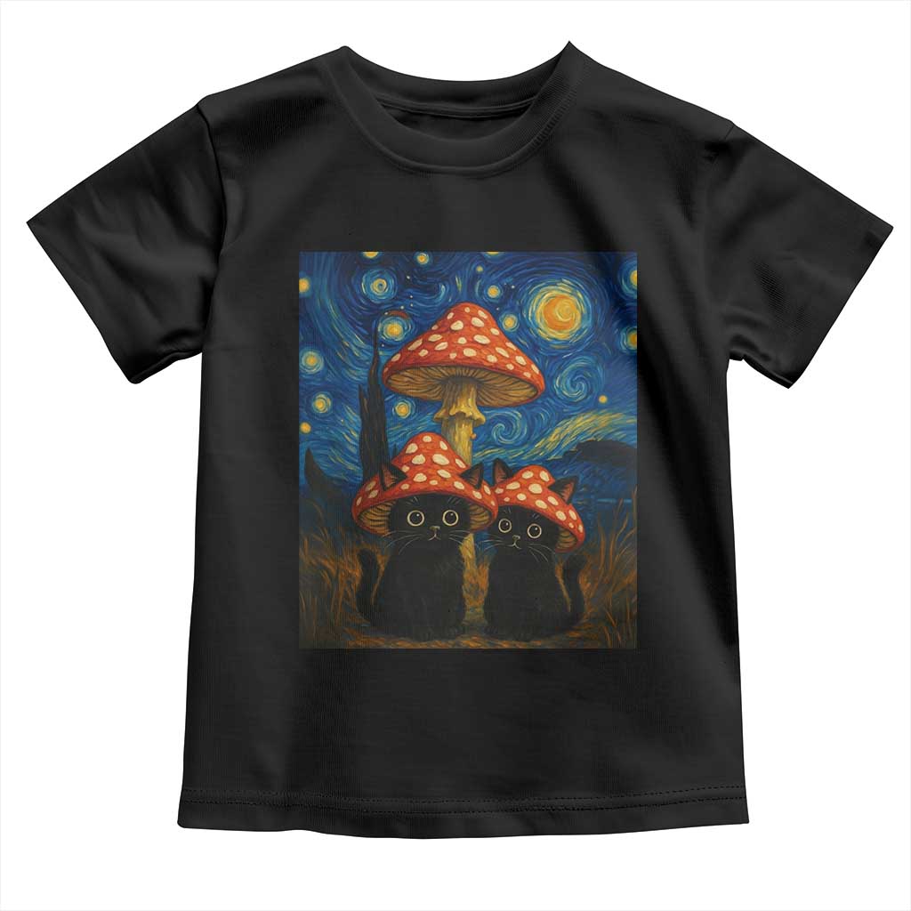 Cute Black Cat Mushroom Toddler T Shirt Stary Night Vangogh Amanita Muscaria - Wonder Print Shop