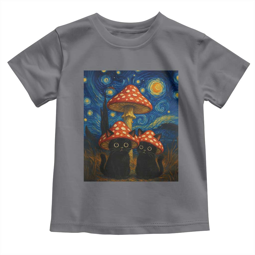 Cute Black Cat Mushroom Toddler T Shirt Stary Night Vangogh Amanita Muscaria - Wonder Print Shop
