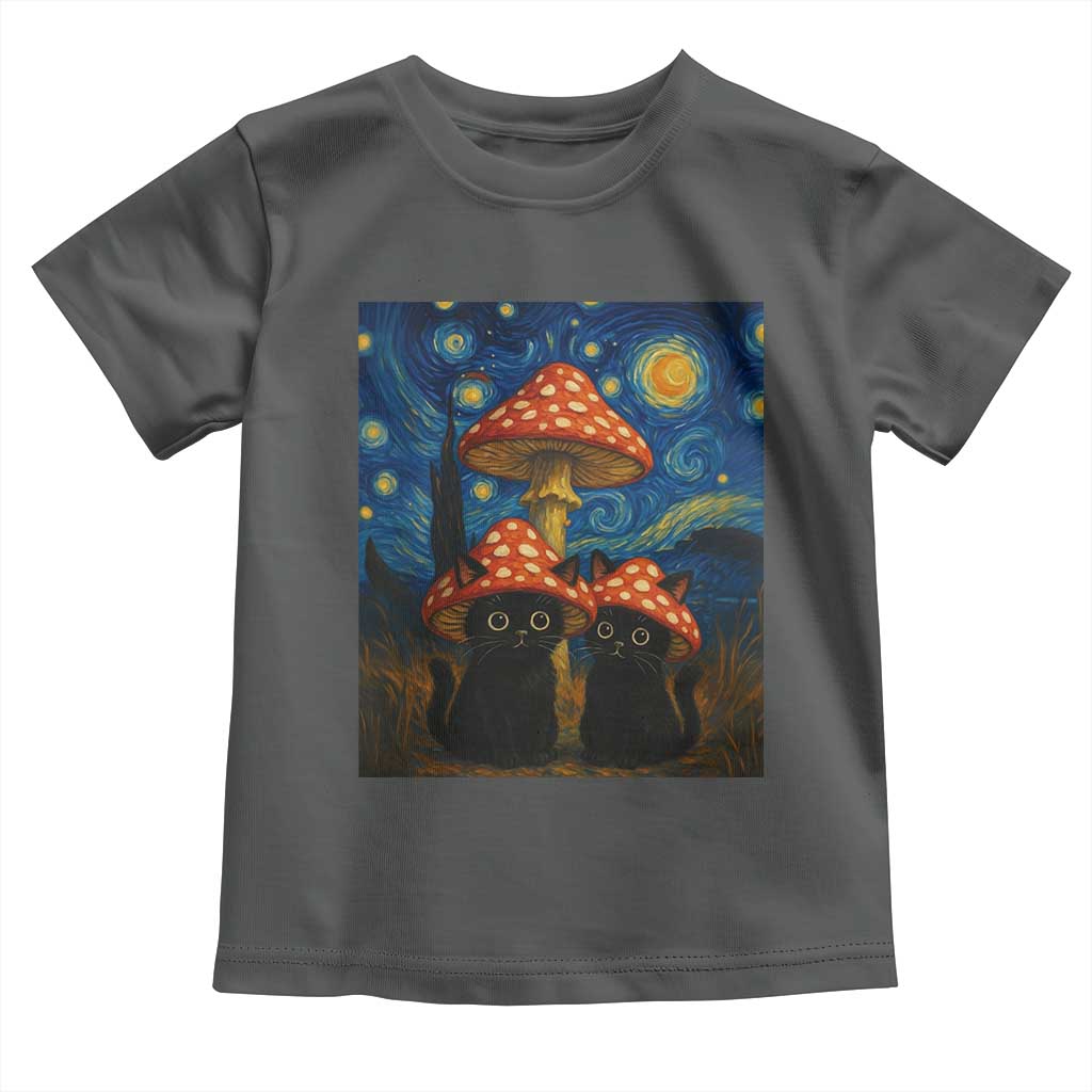 Cute Black Cat Mushroom Toddler T Shirt Stary Night Vangogh Amanita Muscaria - Wonder Print Shop