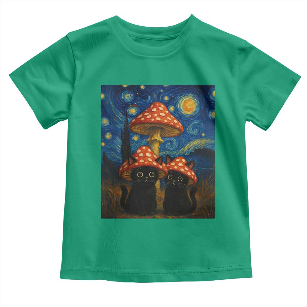 Cute Black Cat Mushroom Toddler T Shirt Stary Night Vangogh Amanita Muscaria - Wonder Print Shop