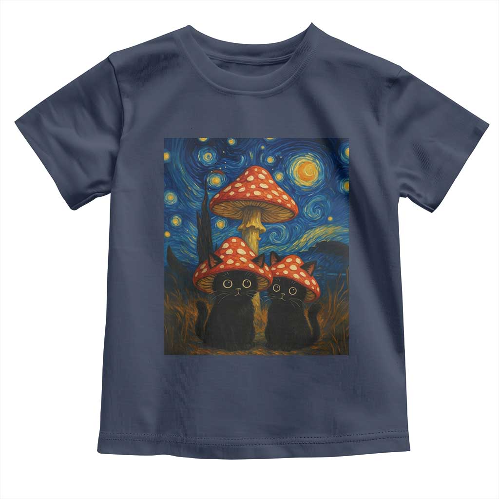 Cute Black Cat Mushroom Toddler T Shirt Stary Night Vangogh Amanita Muscaria - Wonder Print Shop