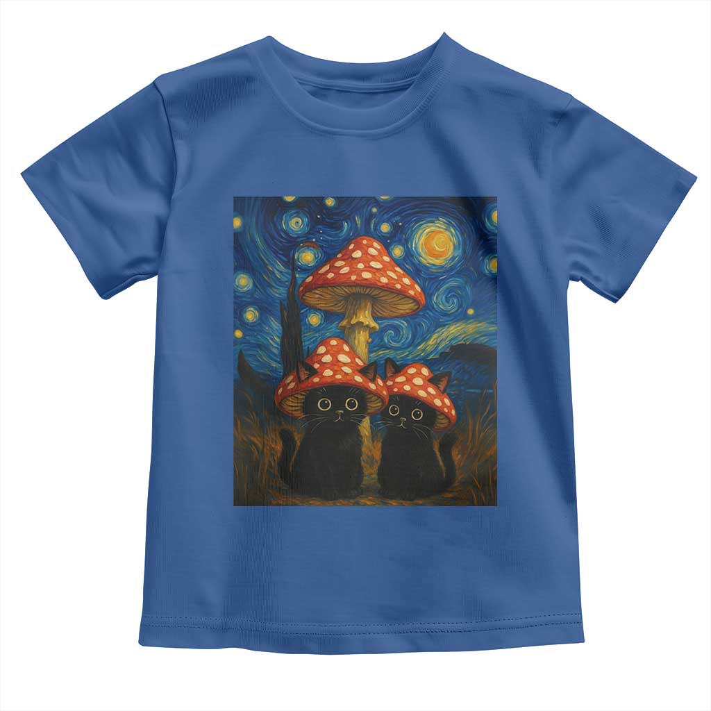 Cute Black Cat Mushroom Toddler T Shirt Stary Night Vangogh Amanita Muscaria - Wonder Print Shop