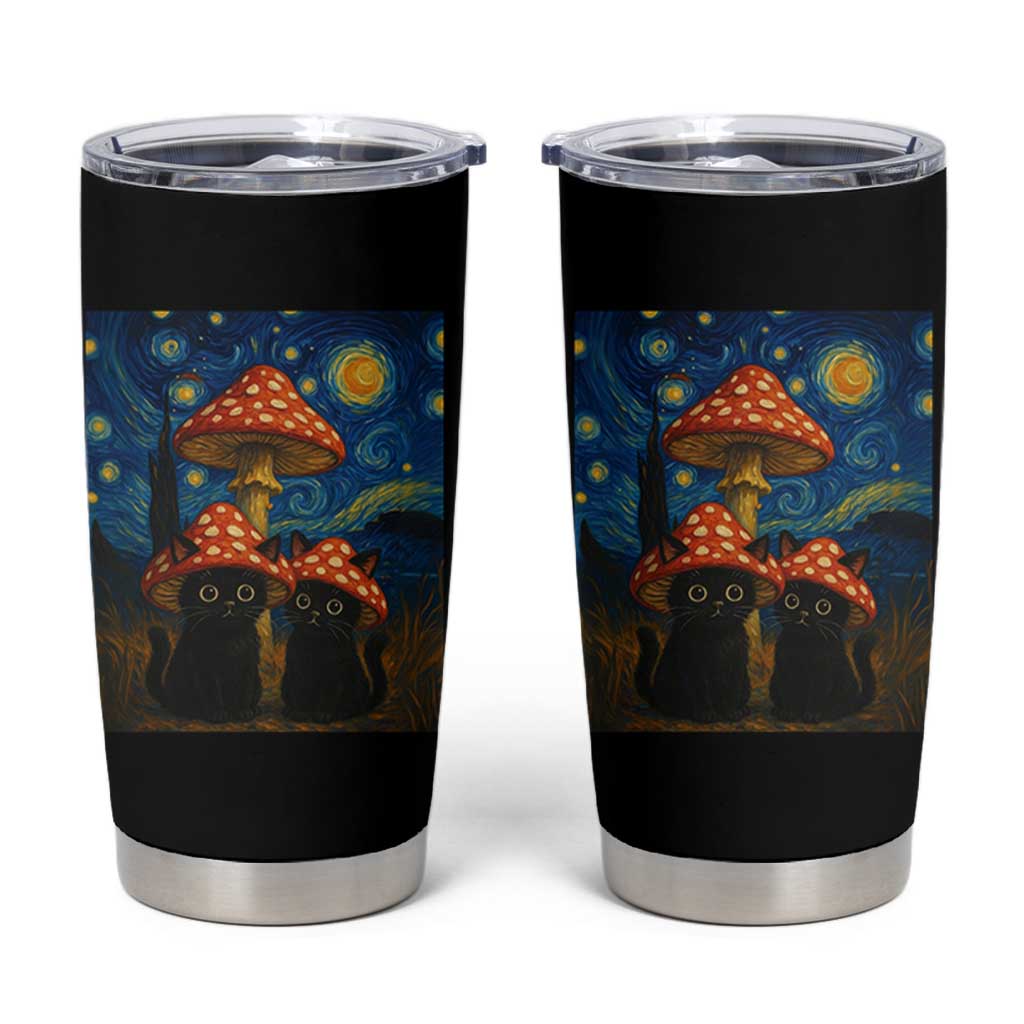 Cute Black Cat Mushroom Tumbler Cup Stary Night Vangogh Amanita Muscaria