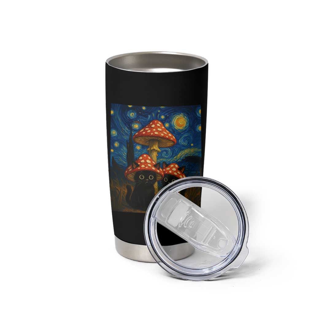 Cute Black Cat Mushroom Tumbler Cup Stary Night Vangogh Amanita Muscaria