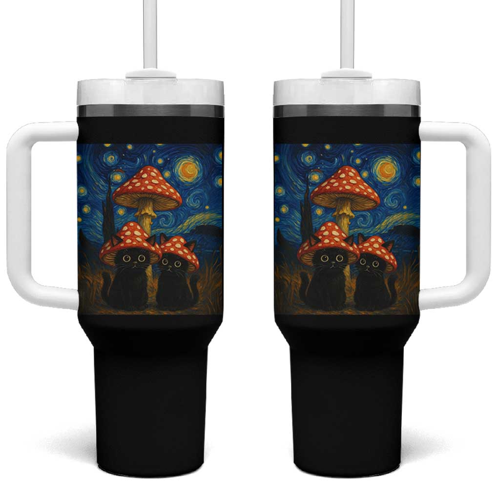 Cute Black Cat Mushroom Tumbler With Handle Stary Night Vangogh Amanita Muscaria