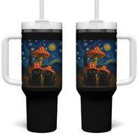 Cute Black Cat Mushroom Tumbler With Handle Stary Night Vangogh Amanita Muscaria