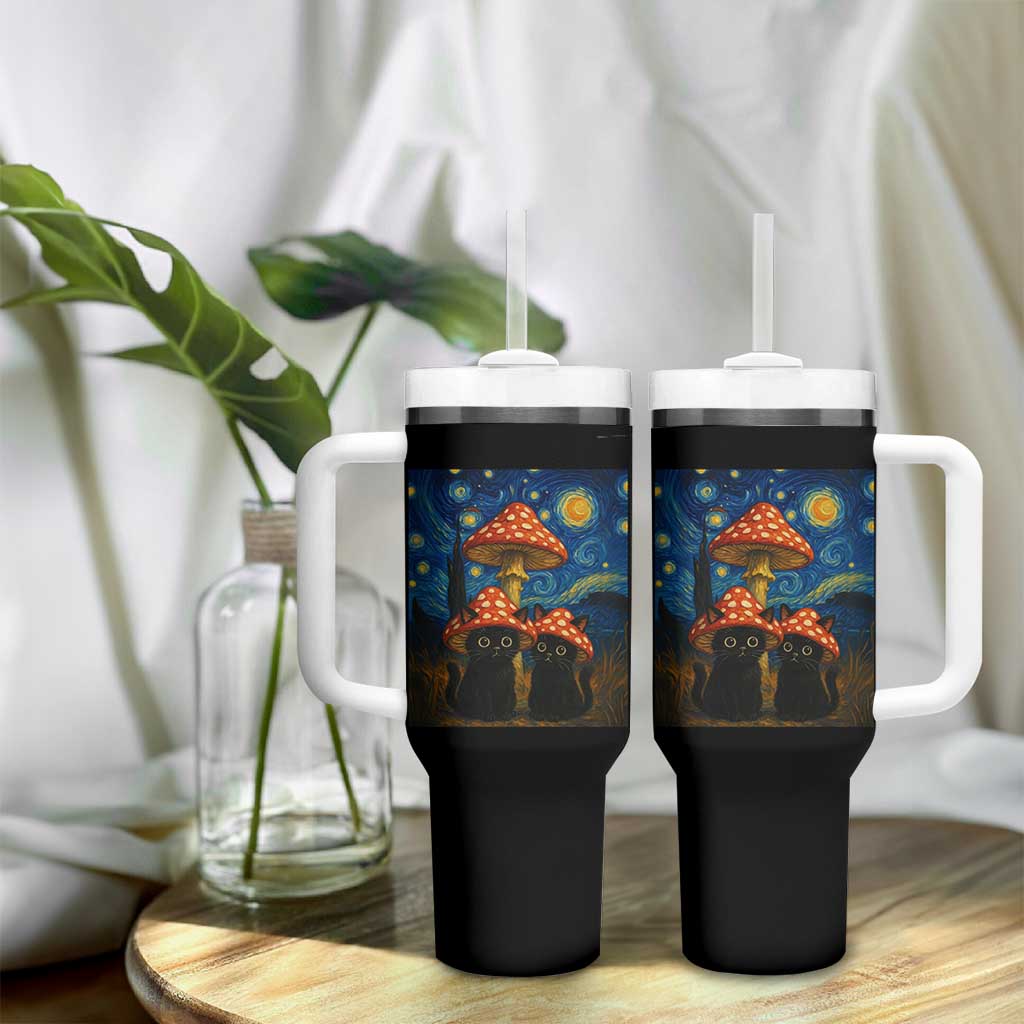 Cute Black Cat Mushroom Tumbler With Handle Stary Night Vangogh Amanita Muscaria