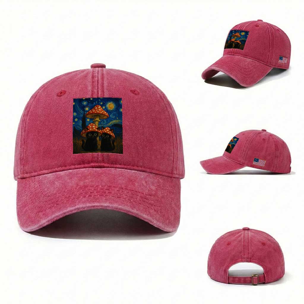 Cute Black Cat Mushroom Washed Cotton Baseball Cap Stary Night Vangogh Amanita Muscaria