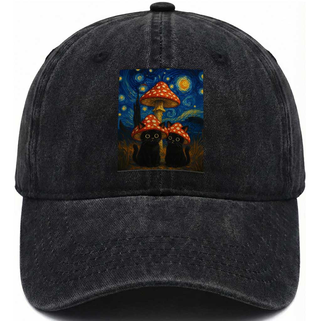 Cute Black Cat Mushroom Washed Cotton Baseball Cap Stary Night Vangogh Amanita Muscaria