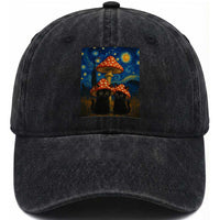 Cute Black Cat Mushroom Washed Cotton Baseball Cap Stary Night Vangogh Amanita Muscaria