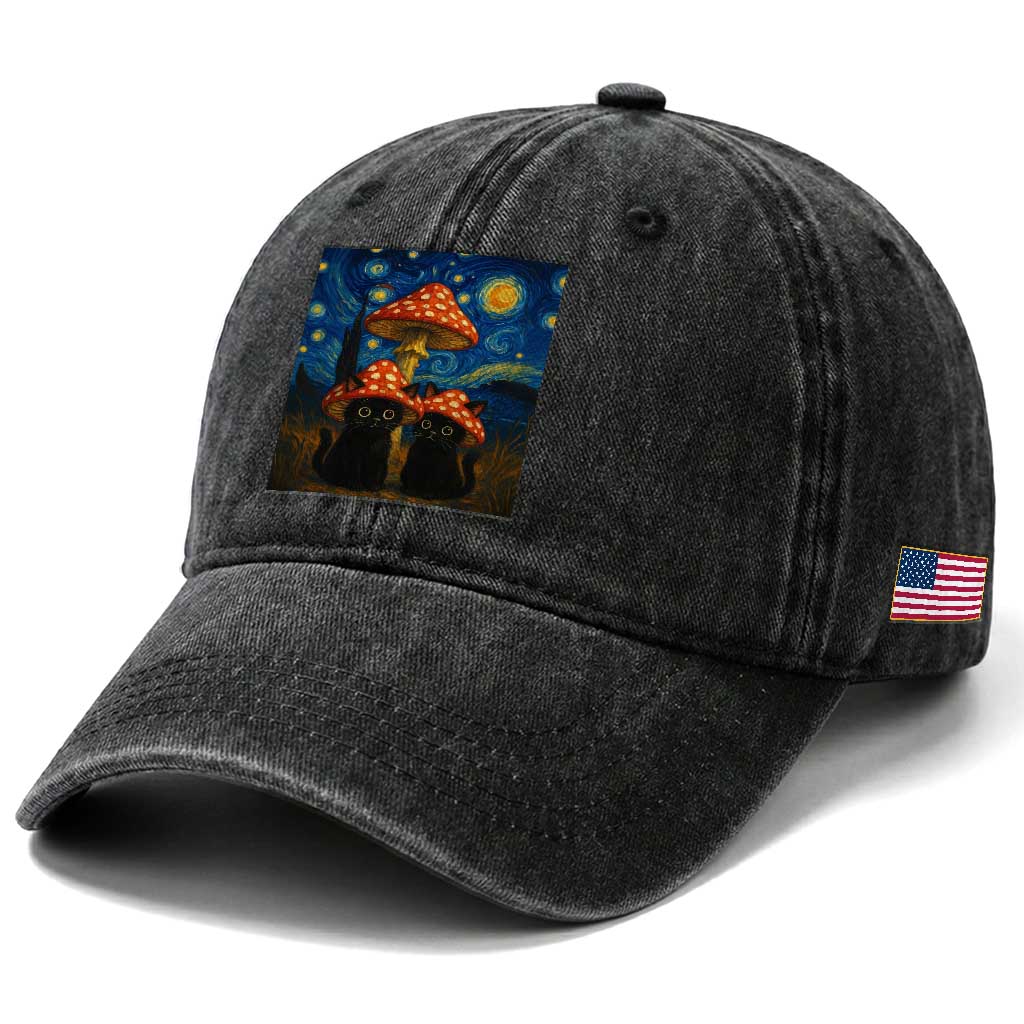 Cute Black Cat Mushroom Washed Cotton Baseball Cap Stary Night Vangogh Amanita Muscaria